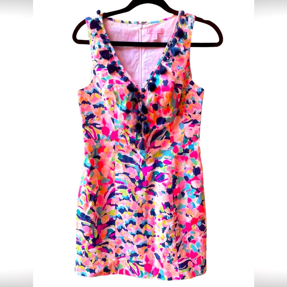 Lilly Pulitzer Cabrey Shift Dress Pina Colada Club Pink w Tassels, SZ 0